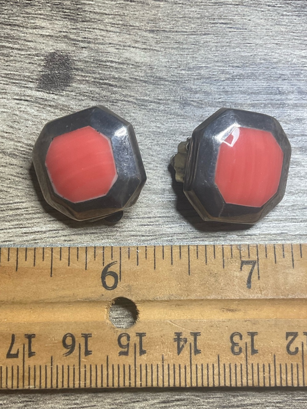 Vintage ATI Mexico 925 Sterling Silver Red Coral Octagon Clip On Earrings